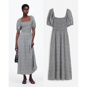 Madewell Smocked Puff-Sleeve Midi Dress Black White Floral Square Neck Size 4